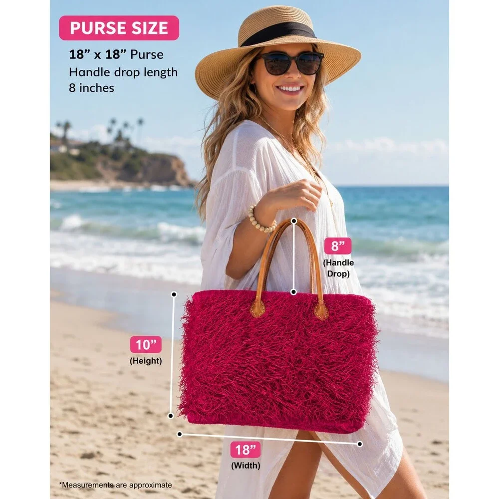 Large fushia fluffy raffia purse basket with leather handles drawstring closure